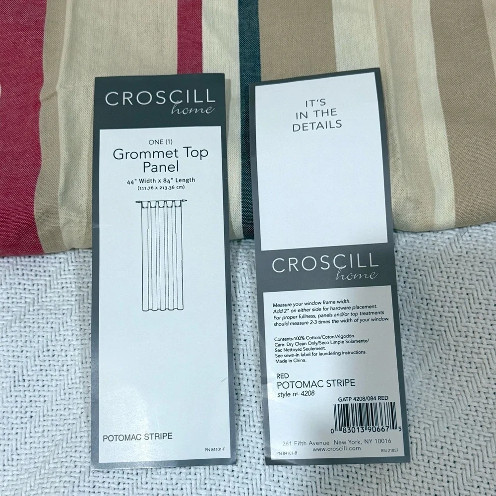 NEW Croscill Potomac Stripe Grommet Top Panel in Red and Tan 💯% Cotton